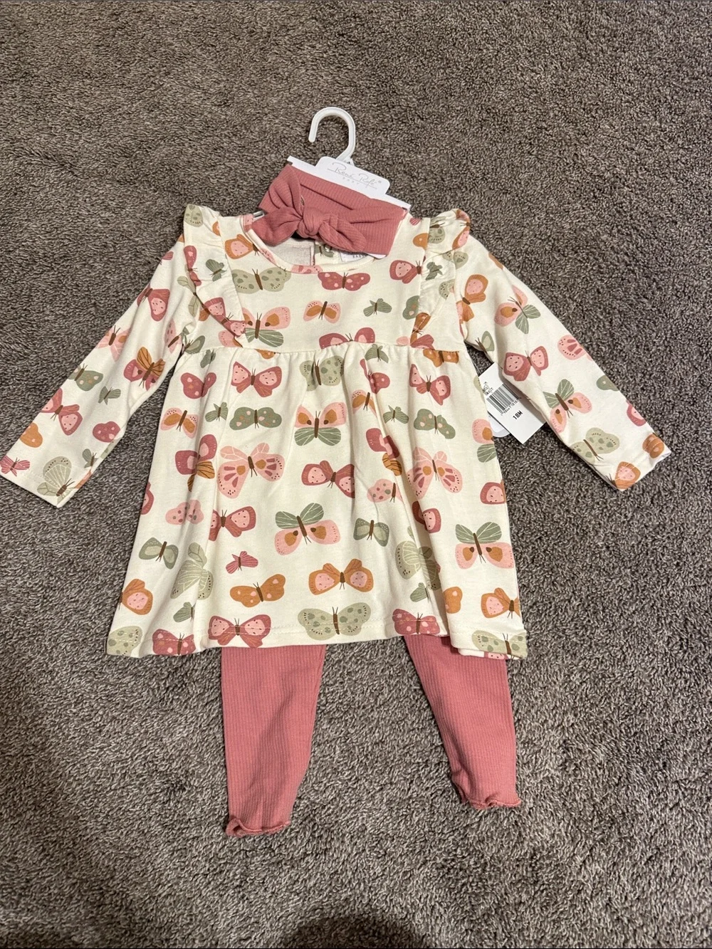 Rene Rofe Cream Butterfly Print Dress with Dusty Rose Leggings & Headband